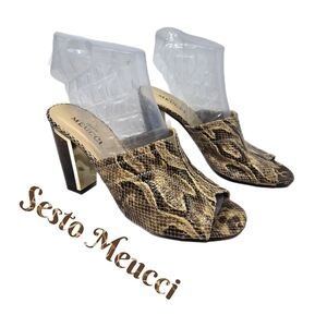 Sesto Meucci Womens High Heel Mules Sz 8M Snake Print Leather Wooden Heel